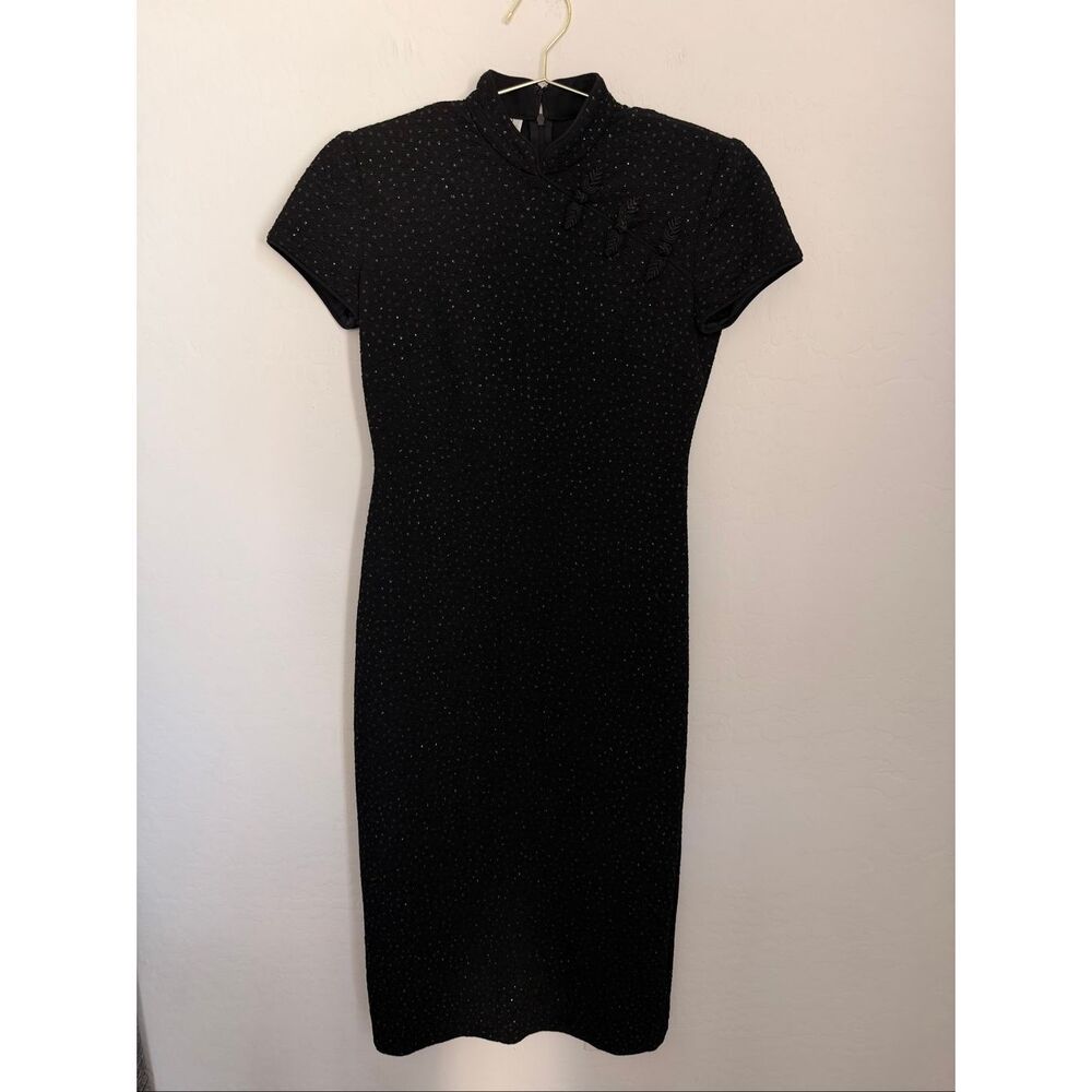 David Warren Cheongsam Dress 90s Black Sparkle Mandarin Collar Qipao Sheath 4P